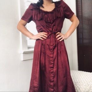 50's Inspired Satin Pleated Ruffle Wine Dress